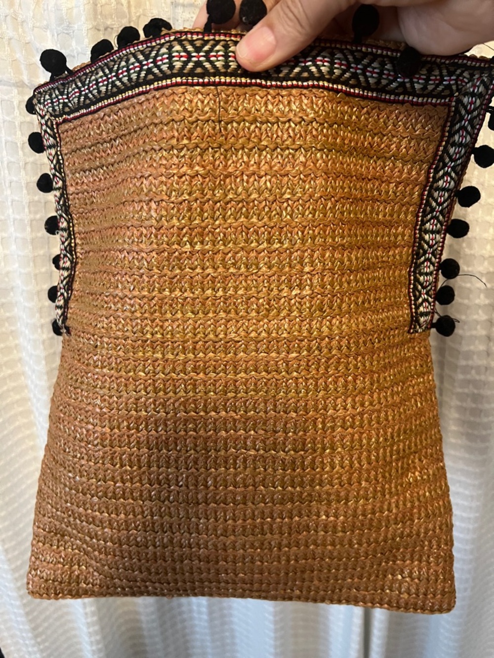 Woven Straw Clutch with Black Pom Pom Trim - Picture 5 of 8